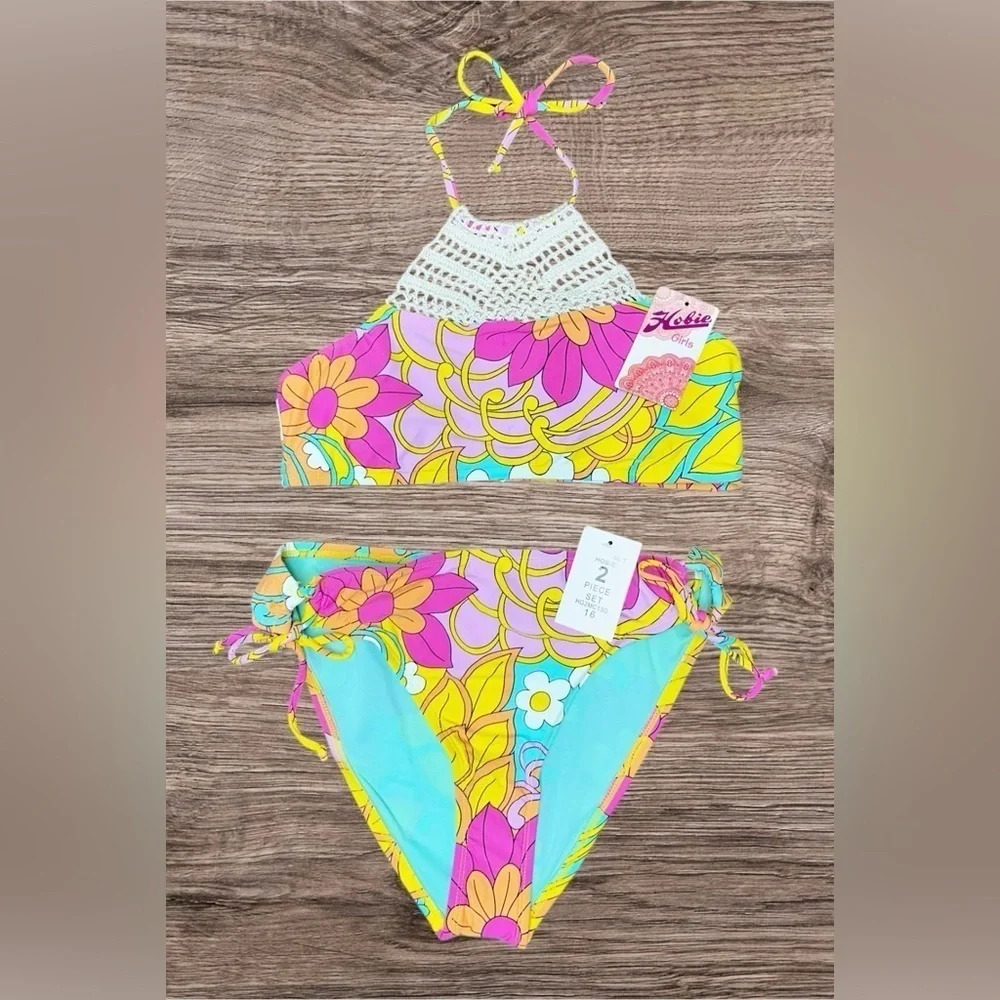 Hobie Girl Woodstock Floral Crochet High Neck 2-Pc Swimsuit Girl Sz: 16 NWT